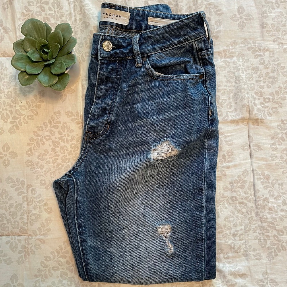 PacSun Mom Jean Dark Indigo Distressed Denim Womens 24